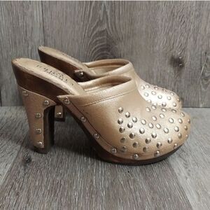 Bridget Shuster FOXY Gold Metallic Studded Heeled Clogs 6